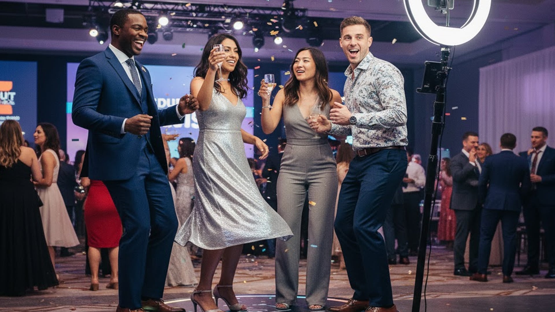 360 photo booth platform capturing cinematic slow-motion video at a New Jersey wedding